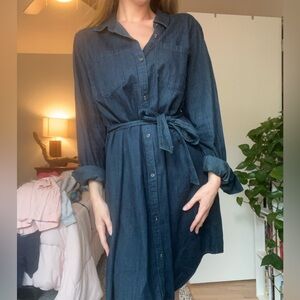 Dark Blue Denim Button Up Collared Shirt Dress
